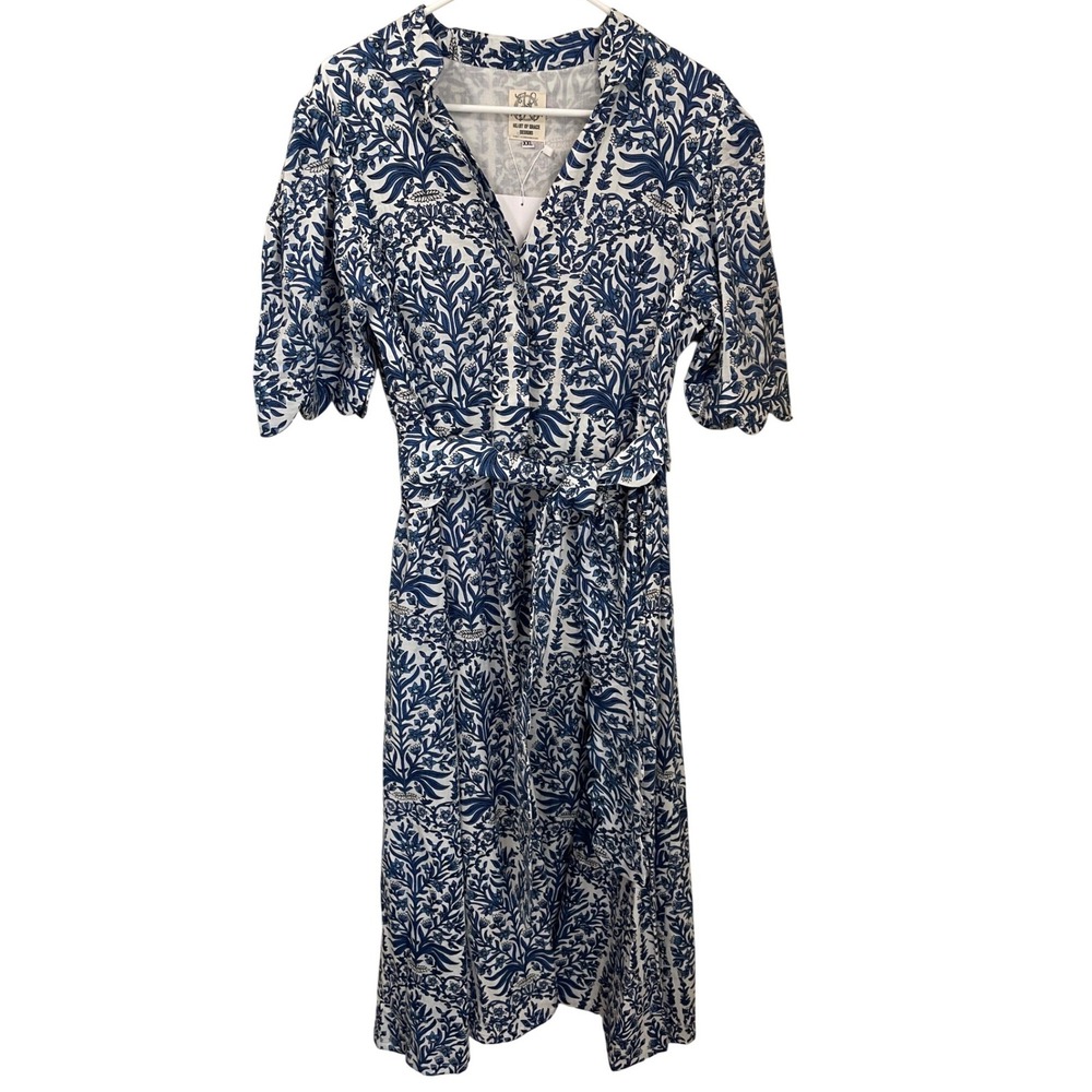 Heart of Grace Maxi Dress Blue White Floral Print Scallop Belt Size XXL NWT